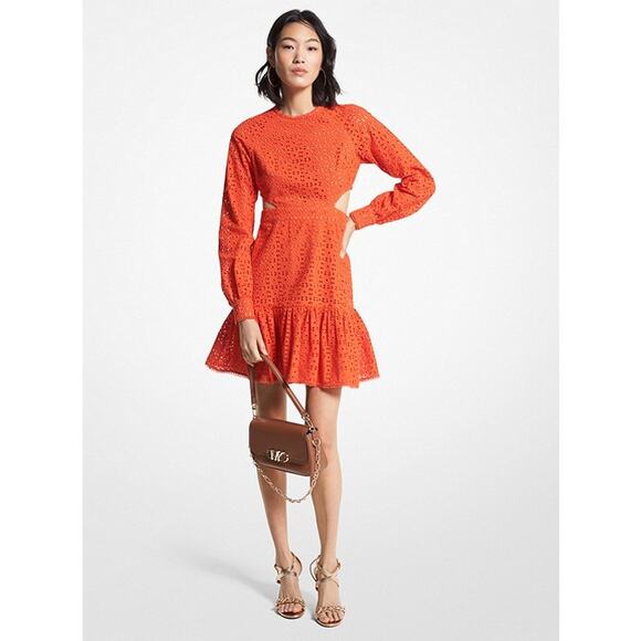 MICHAEL Michael Kors Eyelet Voile Side Cut-Out Mini Dress Long Sleeve Orange 12 - Picture 1 of 6